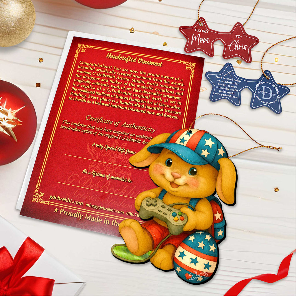 Patriotic Bunny Gamer Wooden Ornaments - Easter Spring Decoration - Easter Gift by G. Debrekht - 8652856