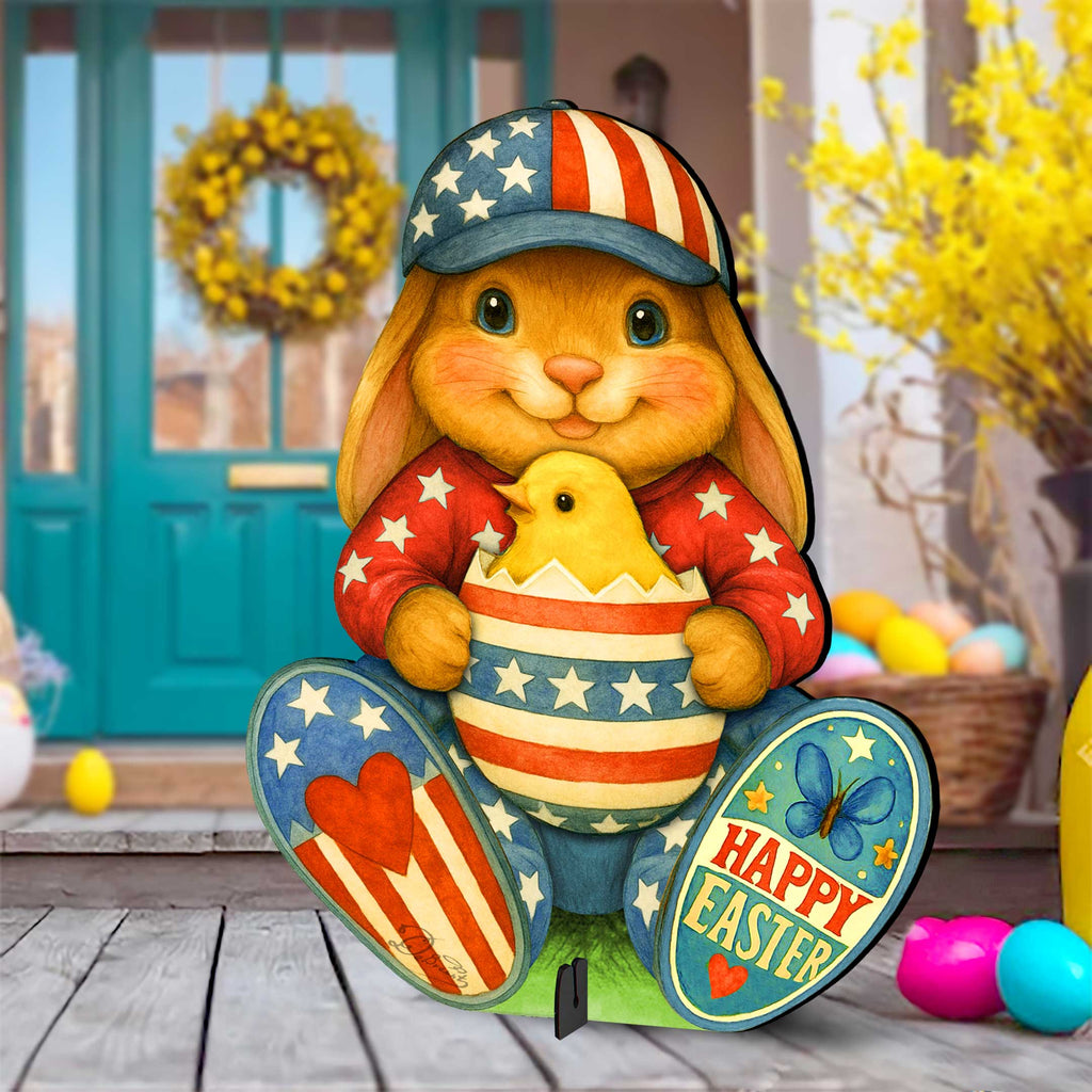 Patriotic Easter Bunny Garden Décor – Handcrafted Wooden Bunny with Chick - Easter Porch & Yard Decoration by G. Debrekht - 8652857F