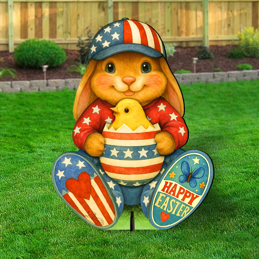 Patriotic Easter Bunny Garden Décor – Handcrafted Wooden Bunny with Chick - Easter Porch & Yard Decoration by G. Debrekht - 8652857F