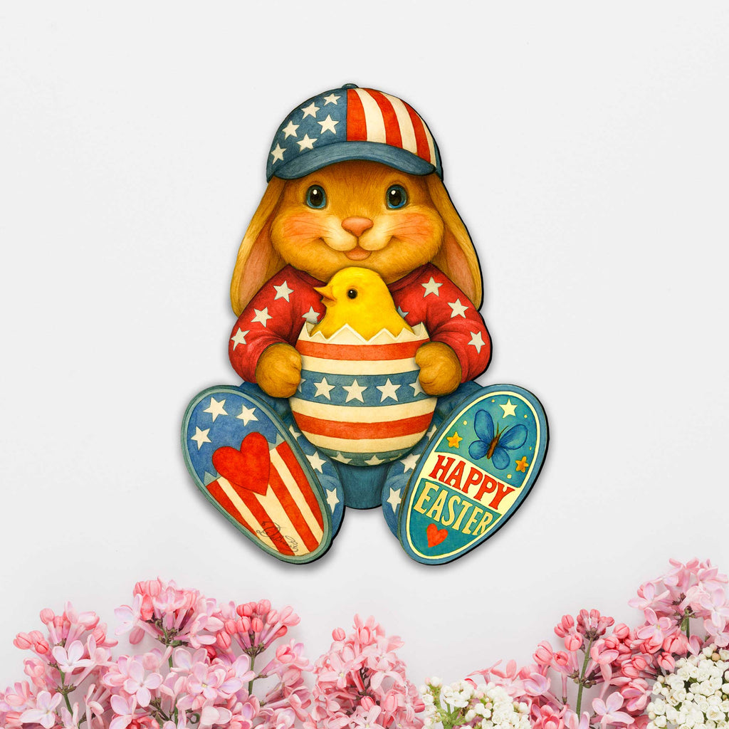 Patriotic Easter Bunny Door Hanger with Chick – Handcrafted Wooden Spring Door Décor by G. Debrekht - 8652857H