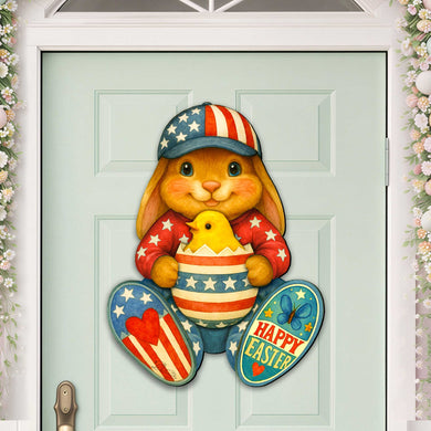 Patriotic Easter Bunny Door Hanger with Chick – Handcrafted Wooden Spring Door Décor by G. Debrekht - 8652857H