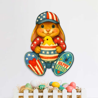 Patriotic Easter Bunny Door Hanger with Chick – Handcrafted Wooden Spring Door Décor by G. Debrekht - 8652857H