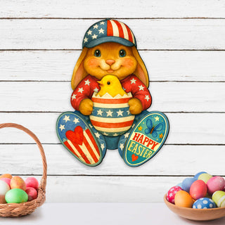 Patriotic Easter Bunny Door Hanger with Chick – Handcrafted Wooden Spring Door Décor by G. Debrekht - 8652857H