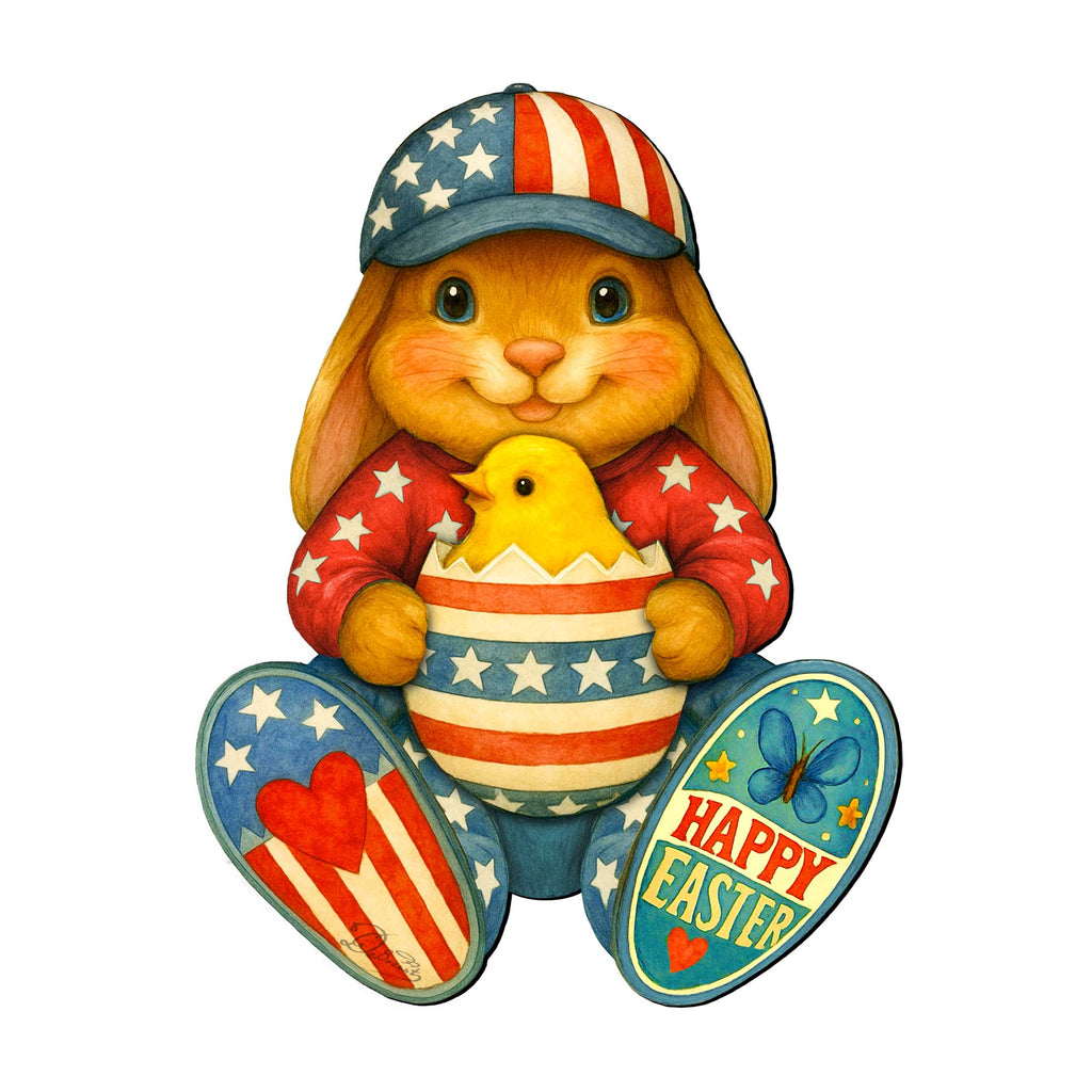 Patriotic Easter Bunny Door Hanger with Chick – Handcrafted Wooden Spring Door Décor by G. Debrekht - 8652857H