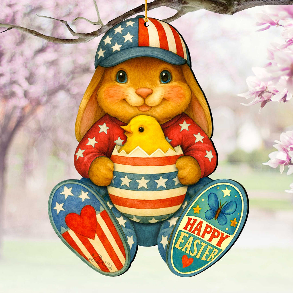 Patriotic Easter Bunny Ornament with Chick – Handcrafted Wooden Americana Easter Décor by G. Debrekht - 8652857
