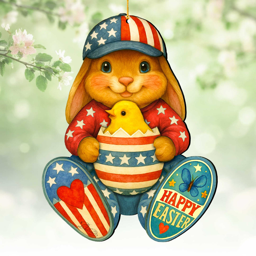 Patriotic Easter Bunny Ornament with Chick – Handcrafted Wooden Americana Easter Décor by G. Debrekht - 8652857