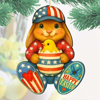 Patriotic Easter Bunny Ornament with Chick – Handcrafted Wooden Americana Easter Décor by G. Debrekht - 8652857