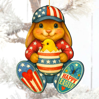 Patriotic Easter Bunny Ornament with Chick – Handcrafted Wooden Americana Easter Décor by G. Debrekht - 8652857