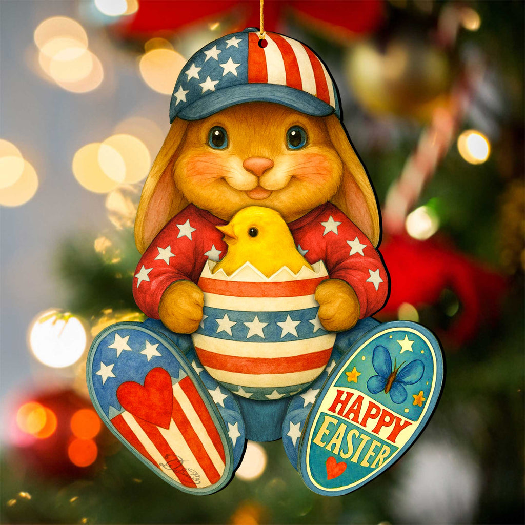 Patriotic Easter Bunny Ornament with Chick – Handcrafted Wooden Americana Easter Décor by G. Debrekht - 8652857