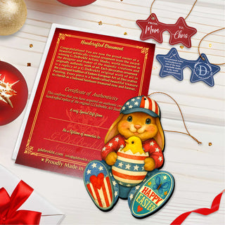 Patriotic Easter Bunny Ornament with Chick – Handcrafted Wooden Americana Easter Décor by G. Debrekht - 8652857