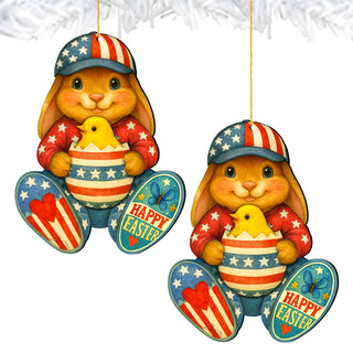 Patriotic Easter Bunny Ornament with Chick – Handcrafted Wooden Americana Easter Décor by G. Debrekht - 8652857