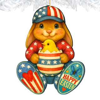 Patriotic Easter Bunny Ornament with Chick – Handcrafted Wooden Americana Easter Décor by G. Debrekht - 8652857