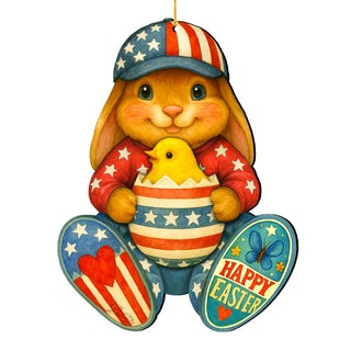 Patriotic Easter Bunny Ornament with Chick – Handcrafted Wooden Americana Easter Décor by G. Debrekht - 8652857