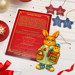 Patriotic Teacher Bunny Wooden Ornament – Handcrafted Wooden Americana Easter Décor by G. Debrekht - 8652858