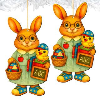 Patriotic Teacher Bunny Wooden Ornament – Handcrafted Wooden Americana Easter Décor by G. Debrekht - 8652858