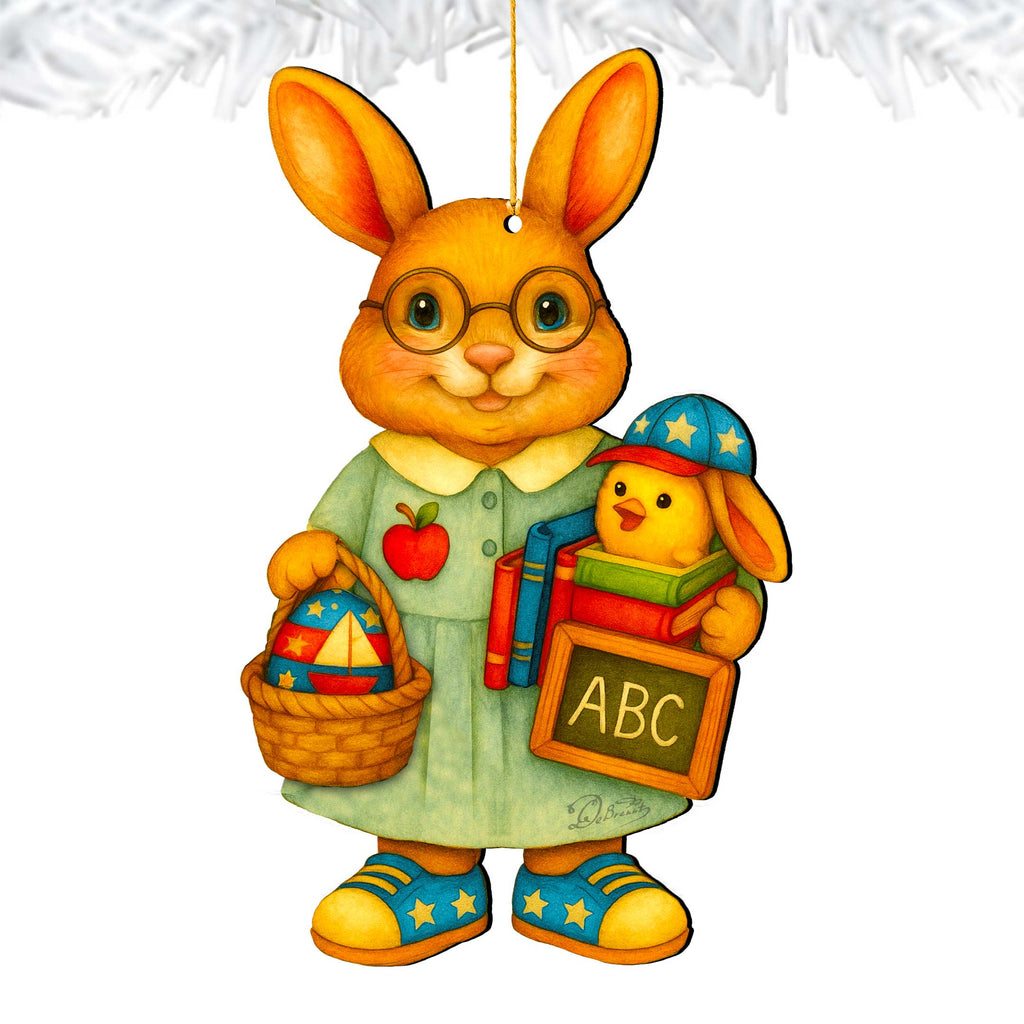 Patriotic Teacher Bunny Wooden Ornament – Handcrafted Wooden Americana Easter Décor by G. Debrekht - 8652858