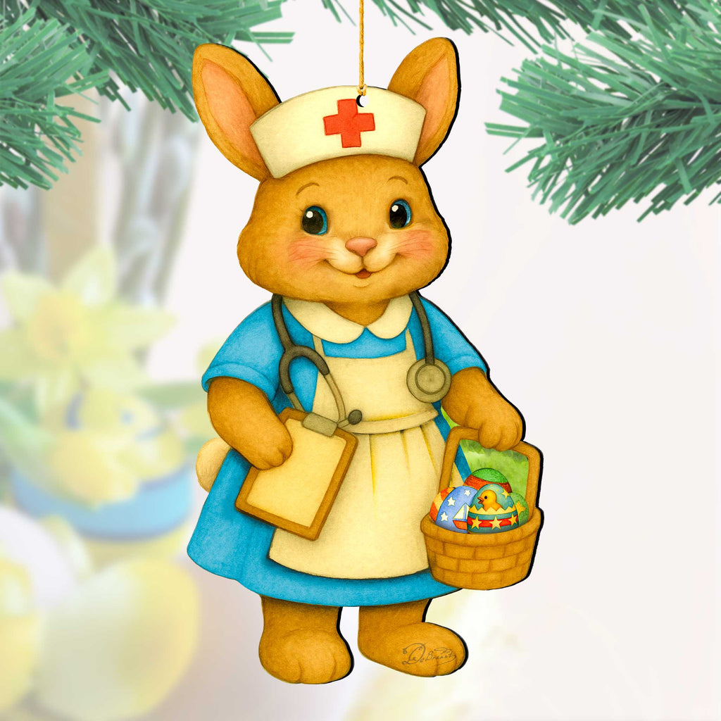 Nurse Bunny Easter Wooden Ornament – Handcrafted Wooden Americana Easter Décor by G. Debrekht - 8652859