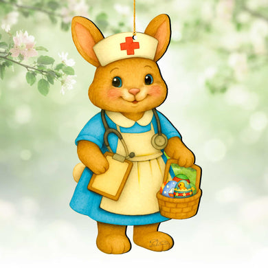 Nurse Bunny Easter Wooden Ornament – Handcrafted Wooden Americana Easter Décor by G. Debrekht - 8652859