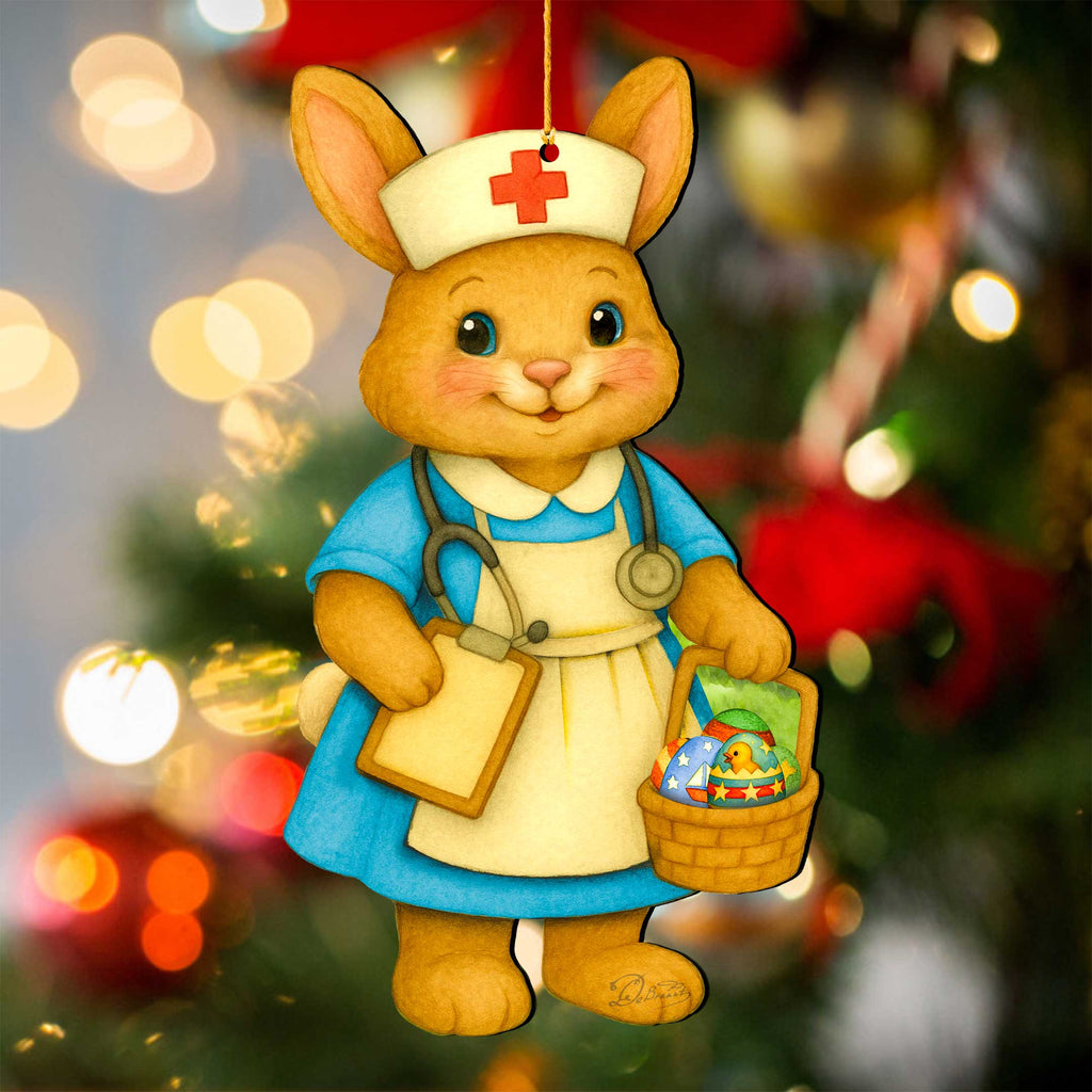 Nurse Bunny Easter Wooden Ornament – Handcrafted Wooden Americana Easter Décor by G. Debrekht - 8652859