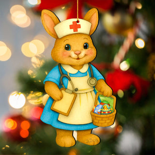 Nurse Bunny Easter Wooden Ornament – Handcrafted Wooden Americana Easter Décor by G. Debrekht - 8652859