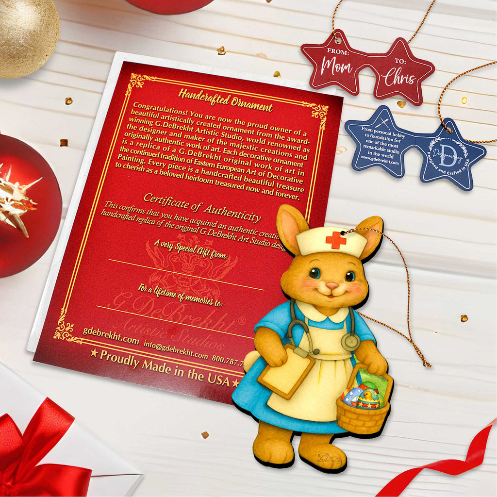 Nurse Bunny Easter Wooden Ornament – Handcrafted Wooden Americana Easter Décor by G. Debrekht - 8652859