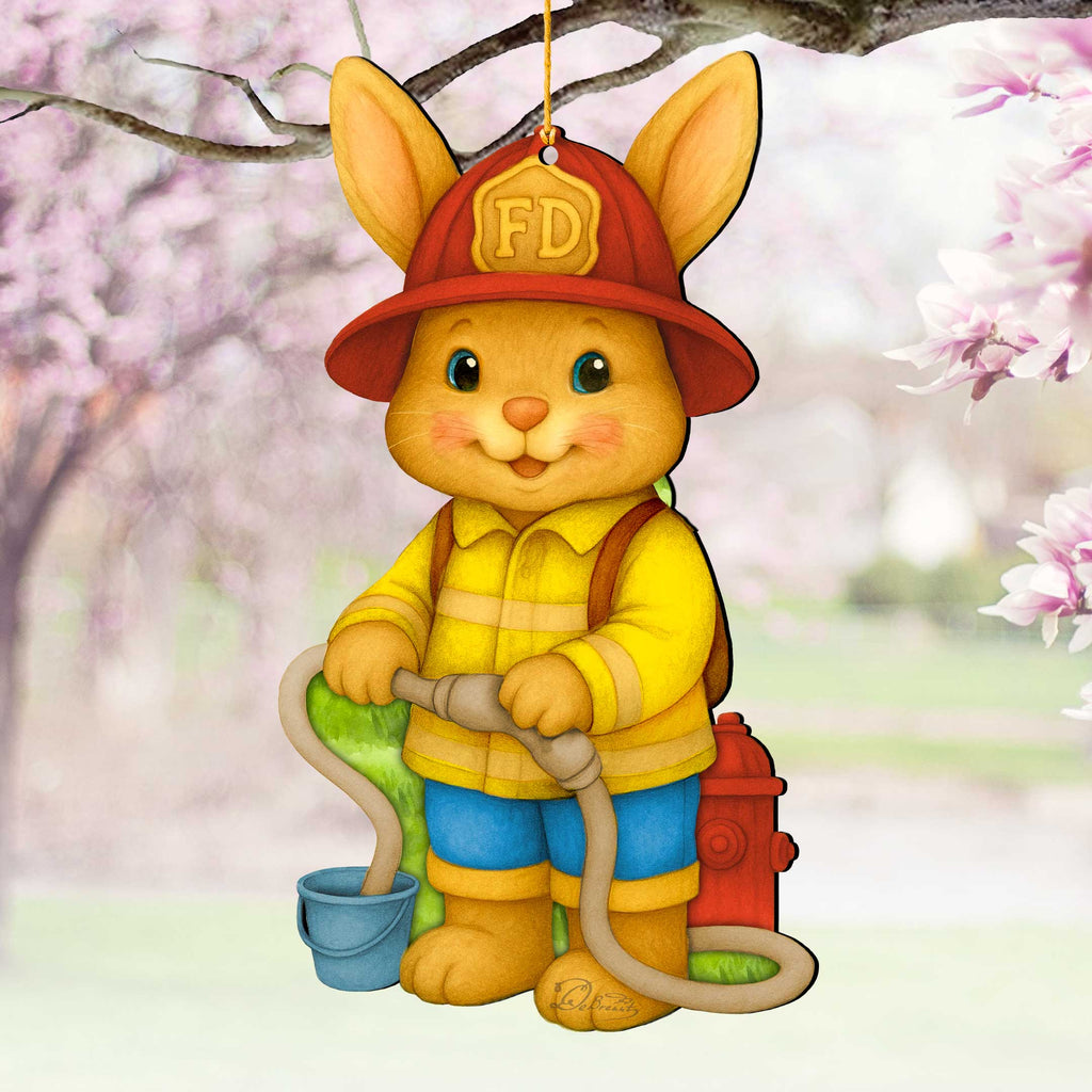 Firefighter Bunny Easter Wooden Ornament – Handcrafted Wooden Americana Easter Décor by G. Debrekht - 8652860