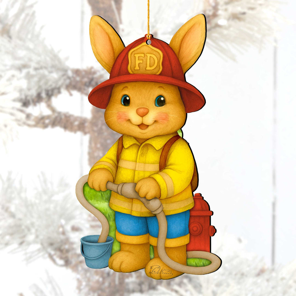 Firefighter Bunny Easter Wooden Ornament – Handcrafted Wooden Americana Easter Décor by G. Debrekht - 8652860