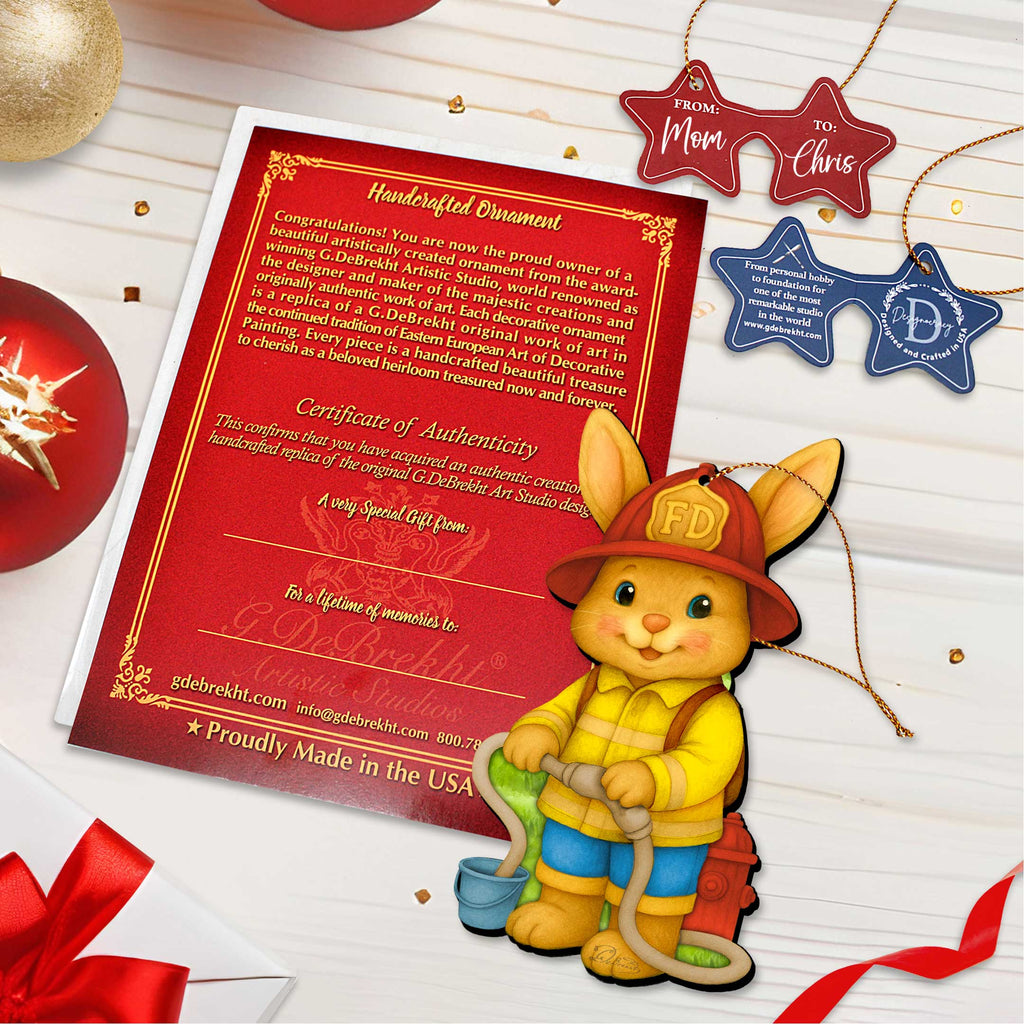 Firefighter Bunny Easter Wooden Ornament – Handcrafted Wooden Americana Easter Décor by G. Debrekht - 8652860