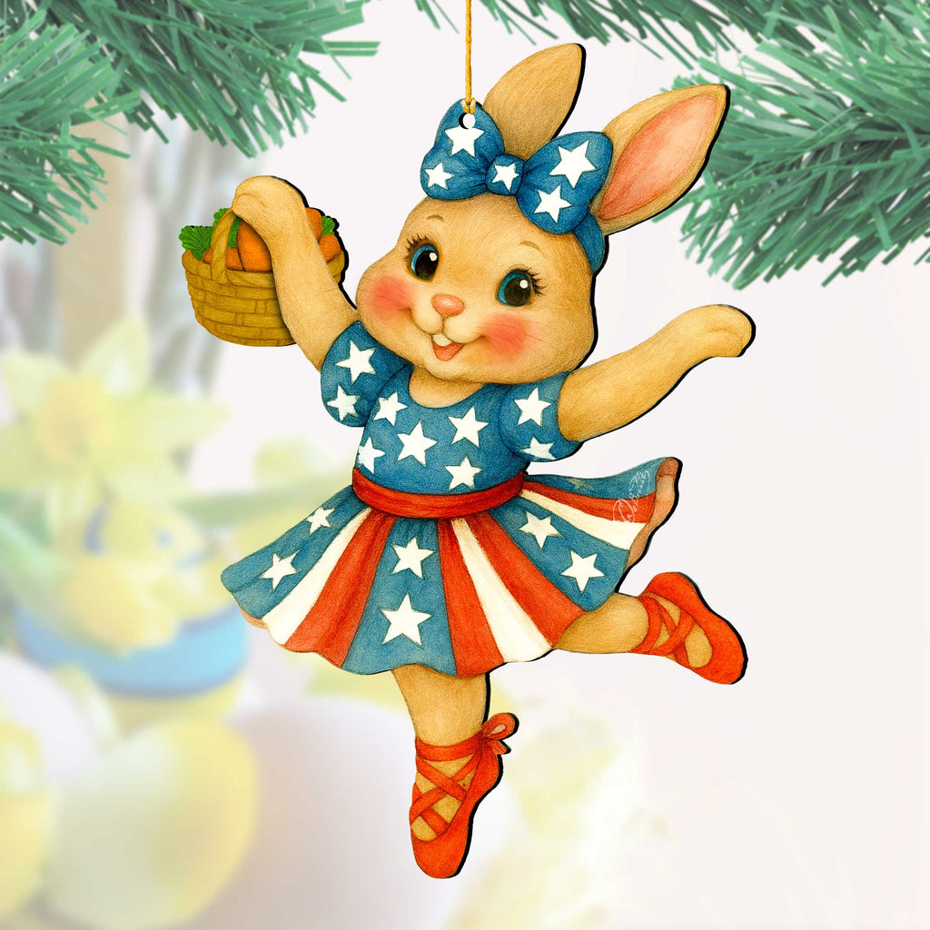 Patriotic Dancing Bunny Easter Wooden Ornament – Handcrafted Wooden Americana Easter Décor by G. Debrekht - 8652863