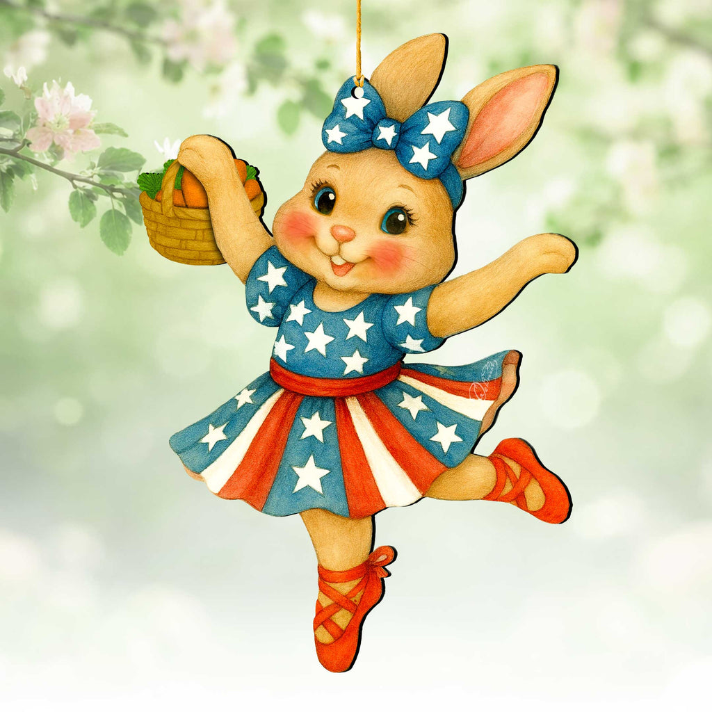 Patriotic Dancing Bunny Easter Wooden Ornament – Handcrafted Wooden Americana Easter Décor by G. Debrekht - 8652863