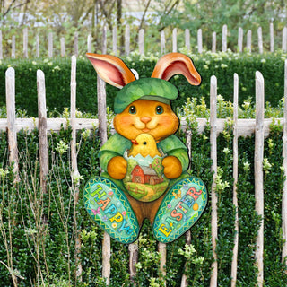Happy Easter Bunny Door Hanger with Chick – Handcrafted Wooden Spring Door Décor by G. Debrekht - 8652864H
