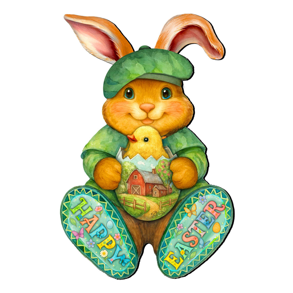 Happy Easter Bunny Door Hanger with Chick – Handcrafted Wooden Spring Door Décor by G. Debrekht - 8652864H
