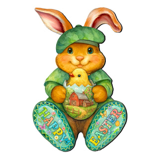 Happy Easter Bunny Door Hanger with Chick – Handcrafted Wooden Spring Door Décor by G. Debrekht - 8652864H