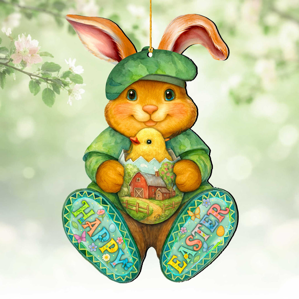 Happy Easter Bunny Ornament with Chick – Handcrafted Wooden Easter Décor by G. Debrekht - 8652864
