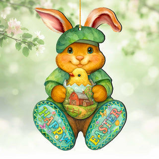 Happy Easter Bunny Ornament with Chick – Handcrafted Wooden Easter Décor by G. Debrekht - 8652864