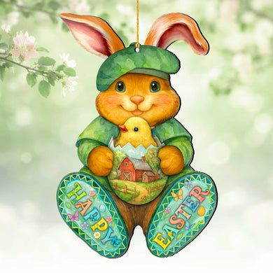 Happy Easter Bunny Ornament with Chick – Handcrafted Wooden Easter Décor by G. Debrekht - 8652864