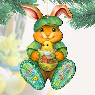 Happy Easter Bunny Ornament with Chick – Handcrafted Wooden Easter Décor by G. Debrekht - 8652864