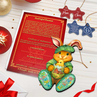 Happy Easter Bunny Ornament with Chick – Handcrafted Wooden Easter Décor by G. Debrekht - 8652864