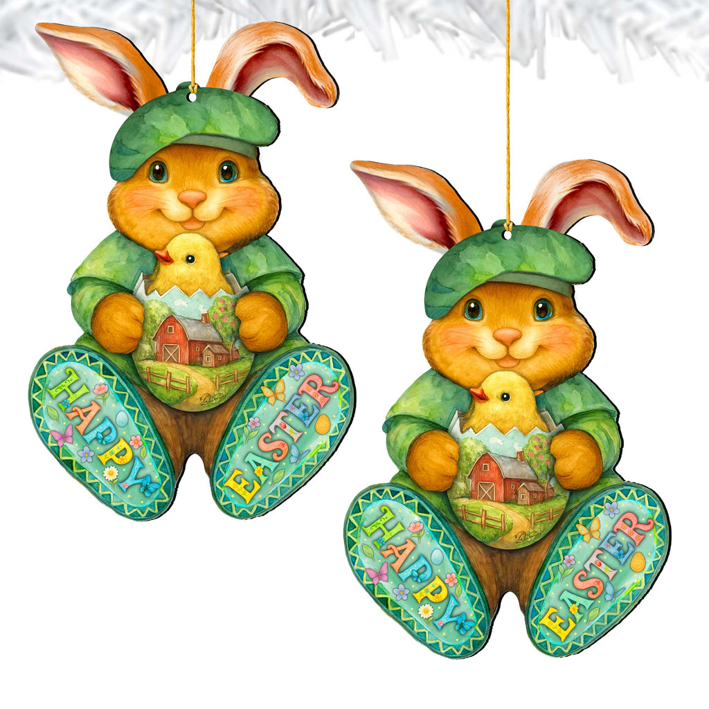 Happy Easter Bunny Ornament with Chick – Handcrafted Wooden Easter Décor by G. Debrekht - 8652864