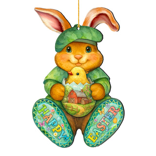 Happy Easter Bunny Ornament with Chick – Handcrafted Wooden Easter Décor by G. Debrekht - 8652864