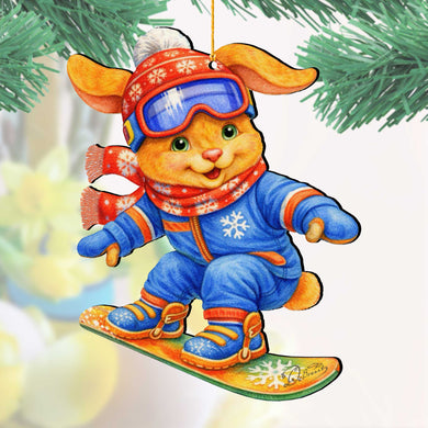 Snowboarding Bunny Wooden Ornament – Winter Sports Christmas Tree Decoration – Handcrafted Wooden Easter Décor by G. Debrekht - 8652868