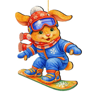 Snowboarding Bunny Wooden Ornament – Winter Sports Christmas Tree Decoration – Handcrafted Wooden Easter Décor by G. Debrekht - 8652868