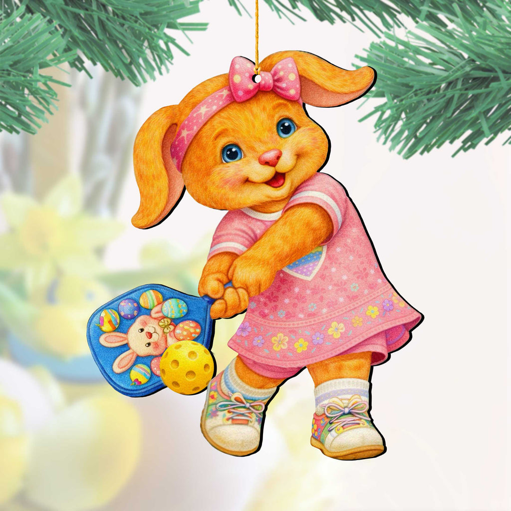 Pickleball Bunny Girl Wooden Ornament – Spring Bunny Decoration – Handcrafted Wooden Easter Décor by G. Debrekht - 8652869