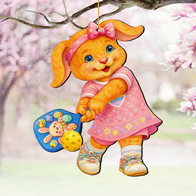 Pickleball Bunny Girl Wooden Ornament – Spring Bunny Decoration – Handcrafted Wooden Easter Décor by G. Debrekht - 8652869