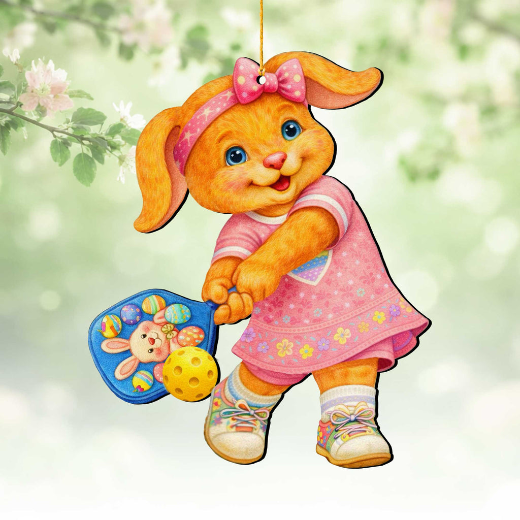 Pickleball Bunny Girl Wooden Ornament – Spring Bunny Decoration – Handcrafted Wooden Easter Décor by G. Debrekht - 8652869