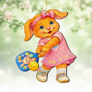 Pickleball Bunny Girl Wooden Ornament – Spring Bunny Decoration – Handcrafted Wooden Easter Décor by G. Debrekht - 8652869