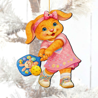 Pickleball Bunny Girl Wooden Ornament – Spring Bunny Decoration – Handcrafted Wooden Easter Décor by G. Debrekht - 8652869