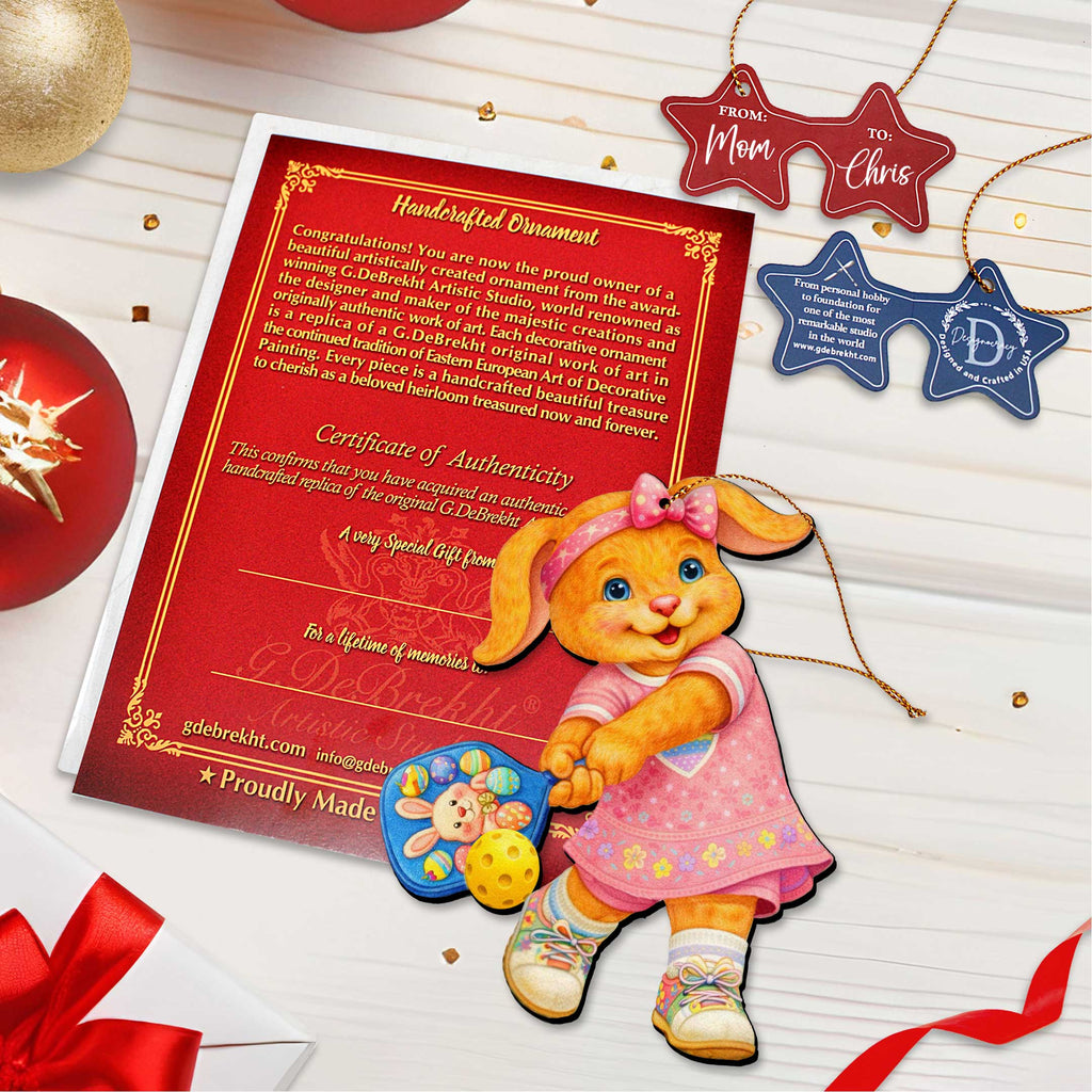 Pickleball Bunny Girl Wooden Ornament – Spring Bunny Decoration – Handcrafted Wooden Easter Décor by G. Debrekht - 8652869