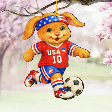 Patriotic Soccer Bunny Wooden Ornament – USA Sports Easter Bunny Decoration – Handcrafted Wooden Easter Décor by G. Debrekht - 8652870