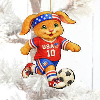 Patriotic Soccer Bunny Wooden Ornament – USA Sports Easter Bunny Decoration – Handcrafted Wooden Easter Décor by G. Debrekht - 8652870